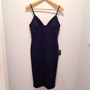 NWT Lulus Classic Navy Bodycon Party Cleangirl Minimalist Midi Dress Womens L